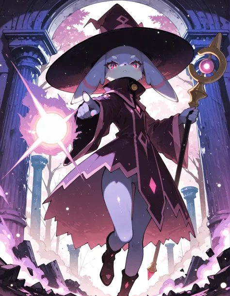 solo furry, no human, (katress), cyan body, magenta eyes, purple countershading, wizard hat, high collar, holding staff, half-length portrait, (low-angle view:1.15), one leg up, BREAK, purple fire attack, particles, energy effect, magic user, glowing, floa...