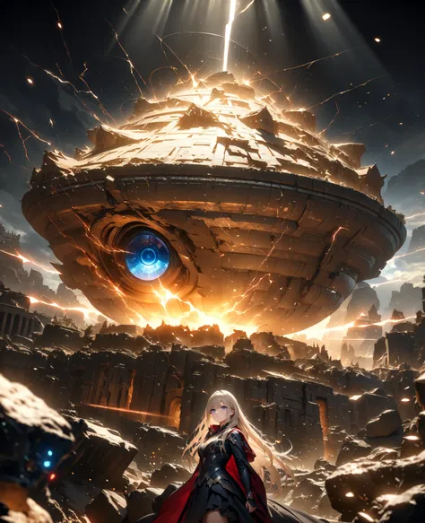 Transcendental Beautiful Girl、long blonde、Long hair blowing in the wind、Asymmetric odd eyes、red eyes and blue eyes、mysterious expression、A delicate and delicate figure、A poor and delicate silhouette、Floating Feeling、Fantastic Light、Magic Particles、Lightnin...