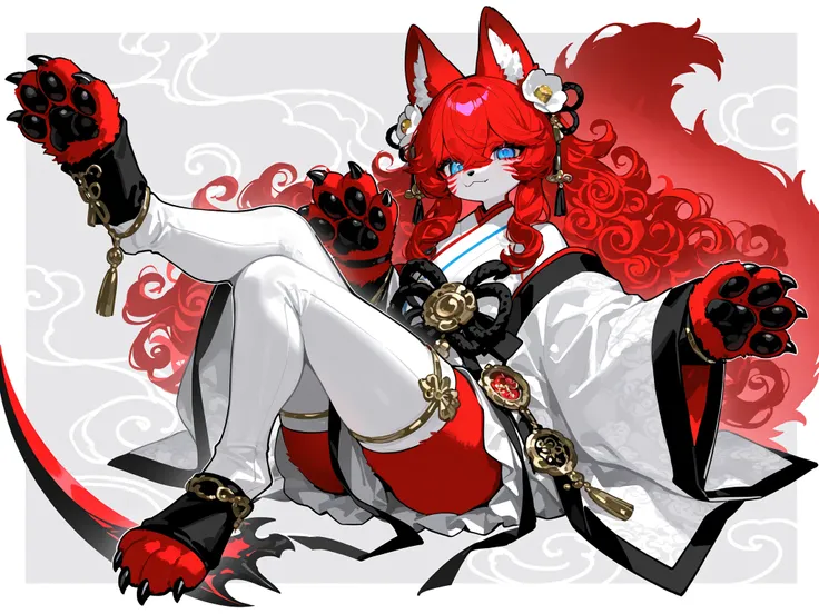 (Canine paws,xxx667_illu, paws pads, metacarpal paws pads,claws, detailed paws, [color] paws,)The kitsune girl, the red-haired fiery furry fox.  She has peach-white skin, Asian features, and slanted, half-lidded blue eyes. She has an oriental make-up, her ...