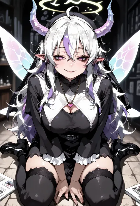 Alhatrix: master masterpiece, 4k, score_9 , score_8_up , score_8 , score_7_up score_6_up score_5_up score_4_up, 1girl, solo, aloe, extreme detailed eyes, full body, mature female, fairy, long hair, messy hair, white hair, purple eyes, ponit ears, multi col...