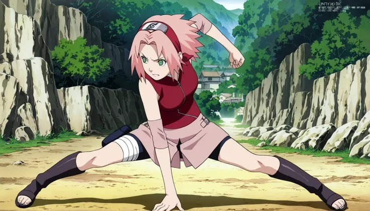 1girl,haruno sakura Fighting posture punching or kick , BREAK pink hair, short hair, red hairband, green eyes, parted bangs, BREAK red sleeveless minidress, zipper, pink miniskirt, bandaged thigh, BREAK medium breasts, beautiful body, beautiful legs , mast...