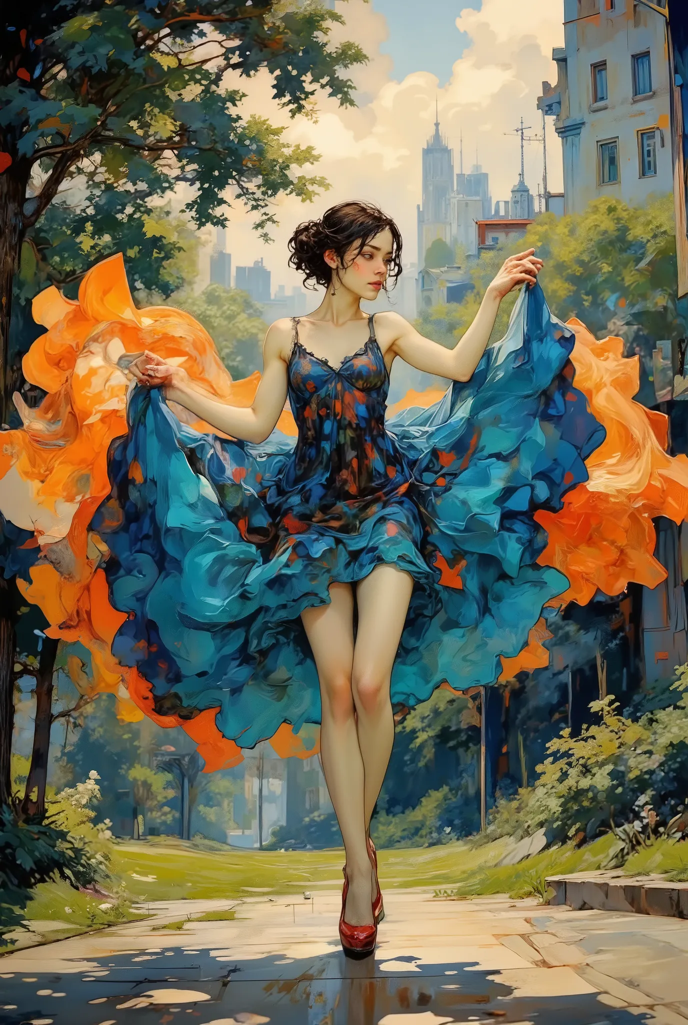 A woman strikes an elegant pose, lithe arms extending outward as a vibrant, flowing summer dress skirt fans around her in a dynamic display of color and light. The skirt is a luminous masterpiece, casting brilliant shades of blue and dark orange, dividing ...