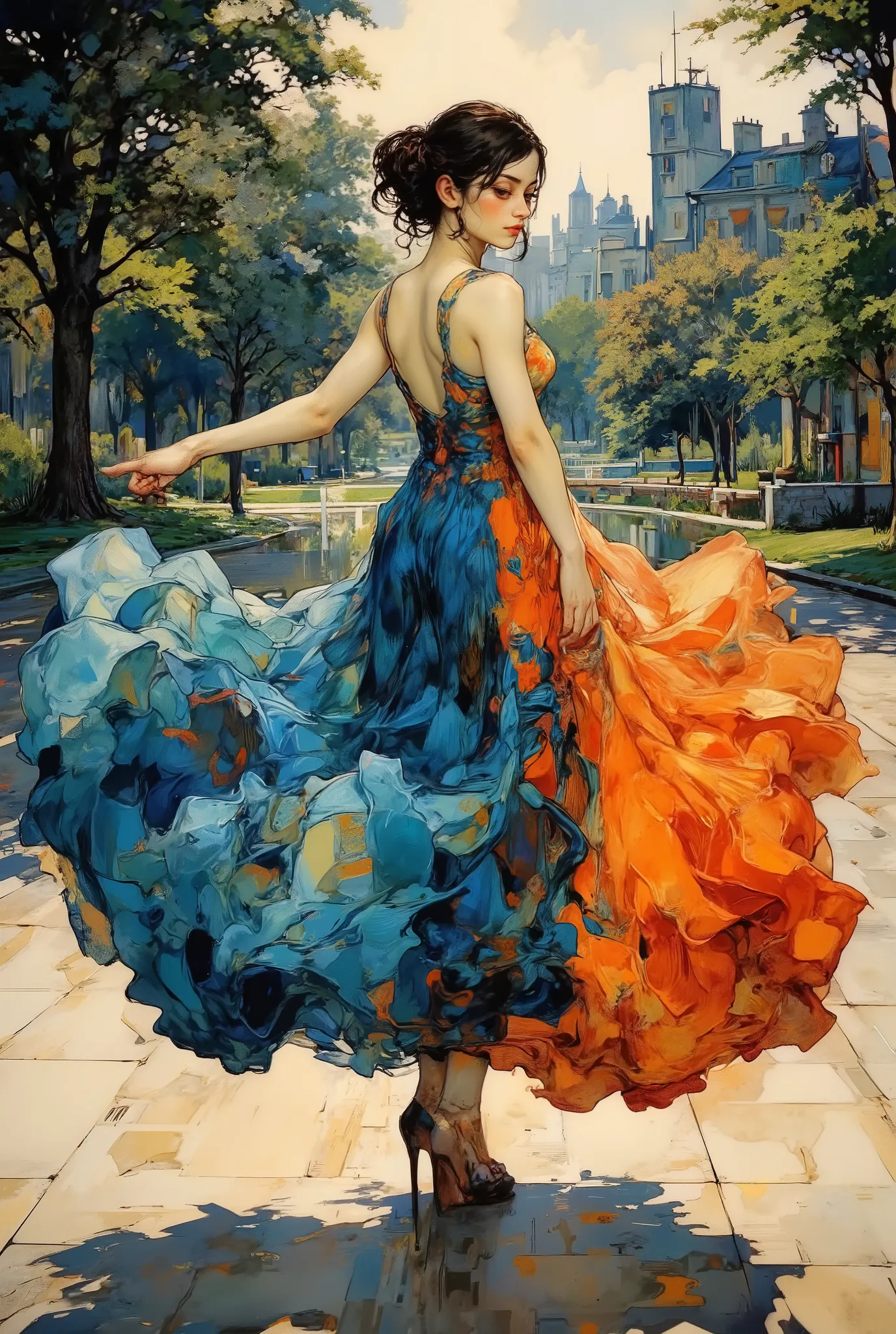 A woman strikes an elegant pose, lithe arms extending outward as a vibrant, flowing summer dress skirt fans around her in a dynamic display of color and light. The skirt is a luminous masterpiece, casting brilliant shades of blue and dark orange, dividing ...