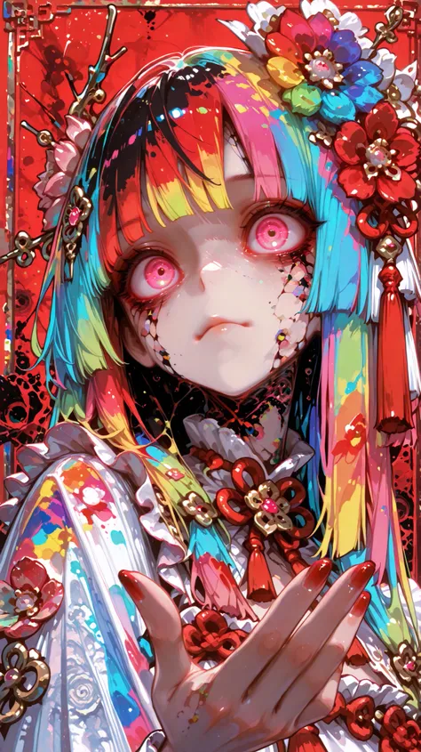 
Woman, solo, red nails, stares at the viewer, Bang, pink eyes, long hair, hair ornament, hand up, Flower, blunt Bang, closed mouth, Tassel, ribbon, Portrait, colorful, red background, frills, Multi Colored Hair, upper body,((colorful)),((horror)) 