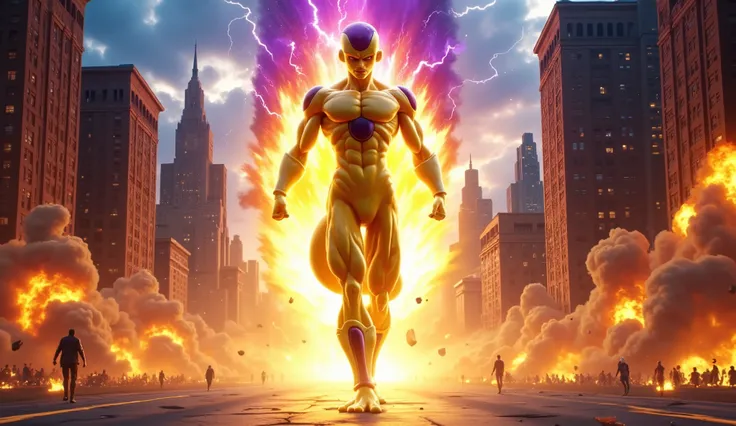  Golden Frieza from Dragon Ball Super, human size, scale 1:1, no giant, walking down the middle of a street,  unleashing a devastating energy blast In the middle  a  city. Full body or waist-up with his cocky smirk. Violet-golden aura flares around him. Bu...