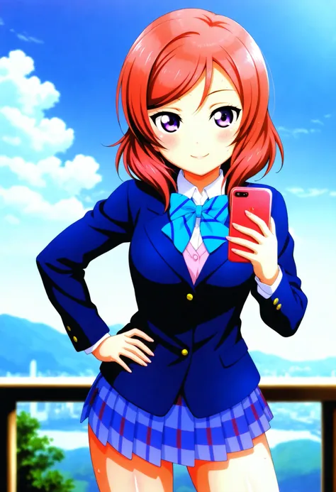 masterpiece, best quality, amazing quality, very aesthetic, absurdres, newest, scenery, depth of field, shiny skin, humid skin,1girl, solo, Nishikino Maki, otonokizaka school uniform, winter uniform ,blue jacket,plaid skirt ,thigh, holding one smartphone ,...