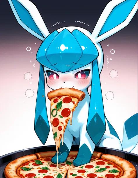 1girl, glaceon,
solo, three quarter view, feral, quadruped, pink eyes, blush, embarrassed, smile, exhausted, eating, food in mouth, sitting, pizza, mouth hold,
gradient background,
masterpiece, best quality, very aesthetic, newest, absurdres, ermi,