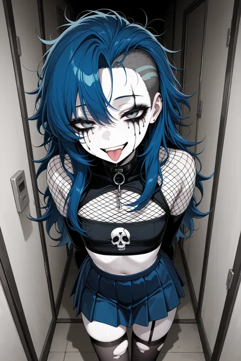 1girl, (undercut), black makeup, ruined makeup, creep, pale skin, (hunched), cyan-blue hair, long hair, messy hair, undercut hairstyle, undercut haircut, hair on half of the head shaved off, grey eyes, grin, tongue out, half-closed eyes, mocking expression...
