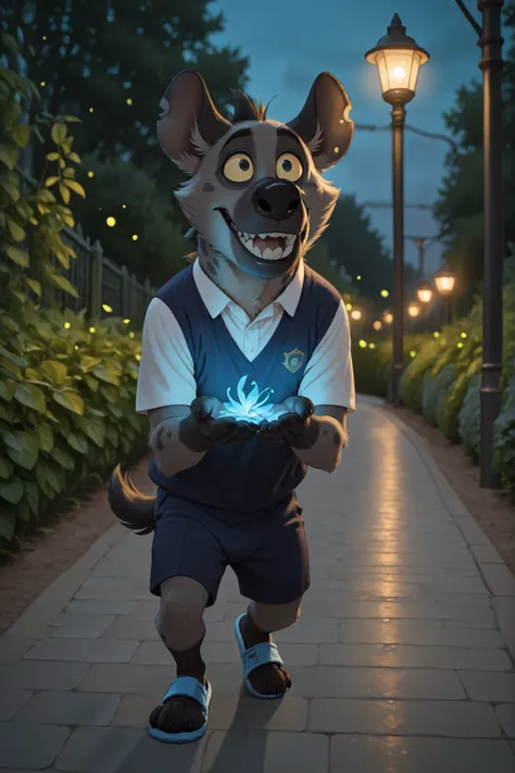 masterpiece, ultra-detailed, best quality, ((cupping hands around firefly)), ((soft blue glow)), ((mesmerized expression)), ((evening school uniform)), ((walking path home)), ((summer evening)), ((other fireflies in background)), ((garden walls)), ((street...