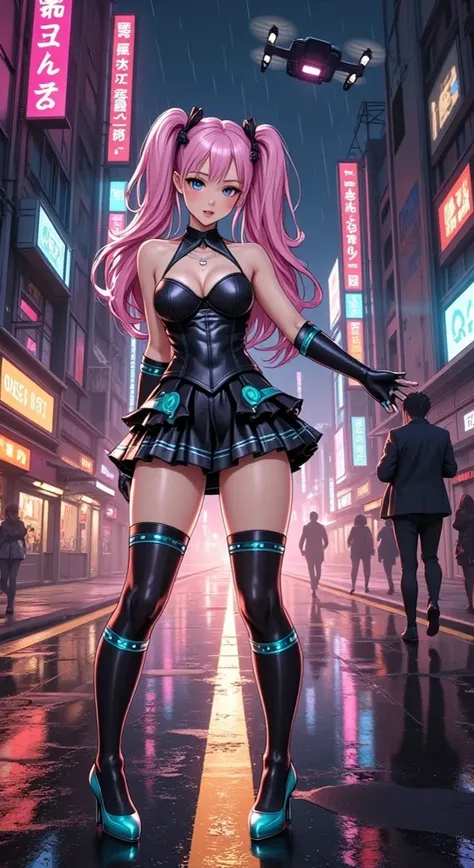  (masterpiece,  computer, mejor quality,  Clear focus, shadow, Anime style, Ultra high resolution, 8K, perfect anatomy, perfect face, (detailed face), (  Detailed eye  ), score_9, score_8_above, score_7_above, score_6_above, score_5_above, score_4_above,  source _animated, Label 1, Label2, quality_masterpiece, Anatómicamente correcto, beautiful face, perfect face, Beautiful and highly detailed face and eyes, Attractive face, detailed face, Delicate facial features, detailed skin, huge breasts, breast size cup D or DD, wide hips, gigantic butt, thick thighs. looking at the viewer. Anime-style illustration of a beautiful woman with an elegant and sensual look. An attractive and voluptuous young anime woman with marked curves in a sensual and powerful style with a seductive look with bright pink long hair in two high ponytails, wearing pink ribbons. Is on your back, standing in the middle of a wet street on the Rain in a futuristic and cyberpunk city at night. The girl wears a provocative and stylish outfit: a short black top with turquoise details, a miniskirt with dark ruffles with neon reflections, long gloves and tall black tights with technological details. She wears turquoise high heels. The environment is illuminated with neon lights in shades of pink, blue and purple. Tall buildings with Japanese signs shine around her, and drones or flying cars are seen in the sky. The atmosphere is rainy, with colorful reflections on the wet ground. detailed style, futuristic realism , Cyberpunk Aesthetic.
