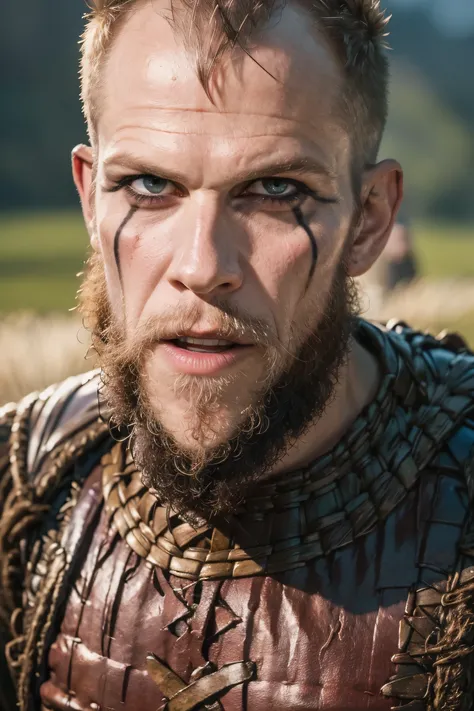 hyperrealistic, ultra detallado, Close-up of Floki's face, a viking warrior, 50 years old , black eye makeup, beard, ultrarealists, skin texture, movie lighting.