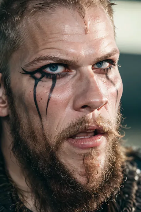 hyperrealistic, ultra detallado, Close-up of Floki's face, a viking warrior, 50 years old , black eye makeup, beard, ultrarealists, skin texture, movie lighting.