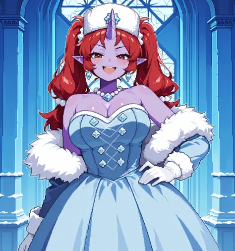 score_9, score_8_up, score_7_up, source_anime, 1girl, solo, pixel art, purple demon BREAK
Large breasts, red hair, very_long_twintails, hair scrunchie, one horn, red eyes, (purple skin, colored skin), pointy ears BREAK
edgwdc, winter clothes, gloves, ...