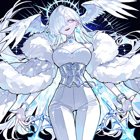 (xxx667_illu,)(feathered head wings, demon head wings, [color] head wings, multicolored head wings ,)The winged woman is angel. She has a mature bodybuilding  with big breasts , thin waist and wide hips. She has sparkling white skin. She has fluffy feather...