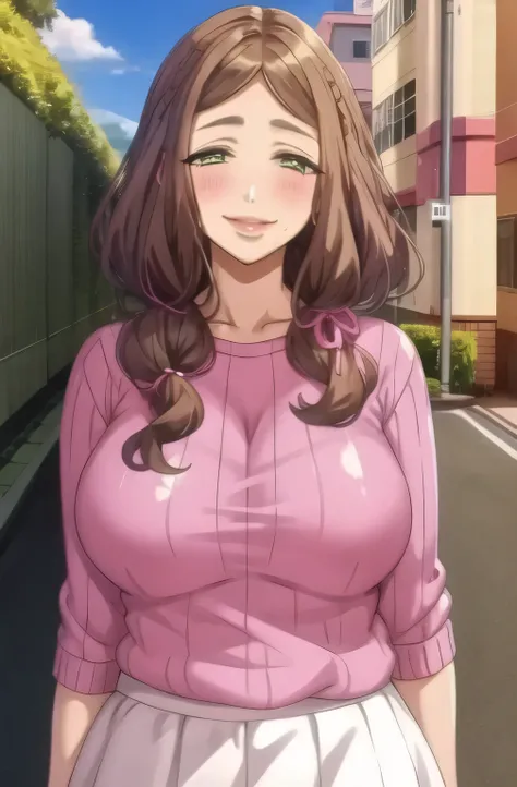 (masterpiece, highest quality), Outdoor, street, White long skirt, Pink Sweater, heart, blush, smile, Upper Body, Are standing, FW.Ayaka