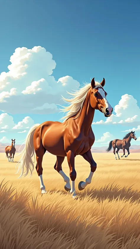 in high-definition images、What I'm imagining、Images of the Great Plains of Central Asia、bright colors、Strong style of spectacular dramatic expression、Several wild horses run around on the blue prairie、The Great Plains Up to the Horizon、Gentle Grass Drifti...