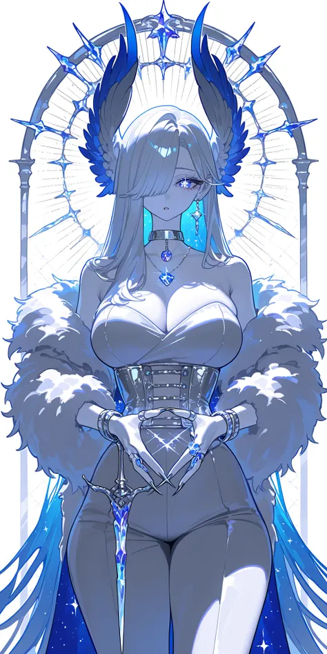(xxx667_illu,)(feathered head wings, demon head wings, [color] head wings, multicolored head wings ,)The winged woman is angel. She has a mature bodybuilding  with big breasts , thin waist and wide hips. She has sparkling white skin. She has fluffy feather...