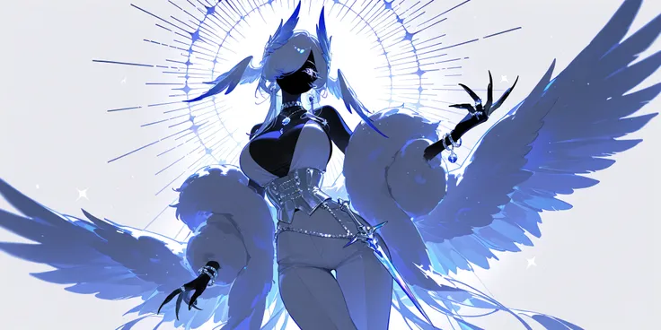 (xxx667_illu,)(feathered head wings, demon head wings, [color] head wings, multicolored head wings ,)The winged woman is angel. She has a mature bodybuilding  with big breasts , thin waist and wide hips. She has sparkling white skin. She has fluffy feather...