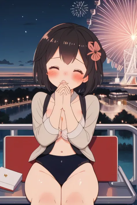 masterpiece, best quality,girl,ultra detail,blush,closed eyes,kissing,close up,cleavage,shy,night,town,ferris wheel,overlooking the scenery,glass housing in low sky,amusement park, sitting facing viewer,fireworks,spoken heart,join hands,black gymnastics bl...