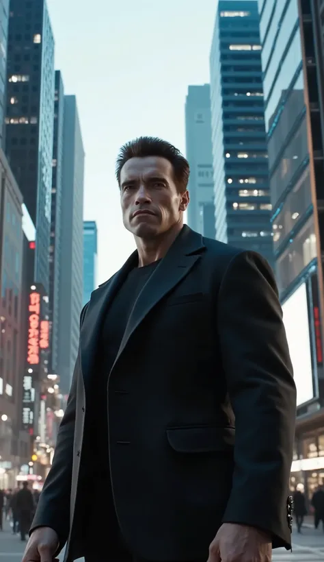 Arnold Schwarzenegger in black blazer with blue details epic city background from the movie Terminator in high quality with people