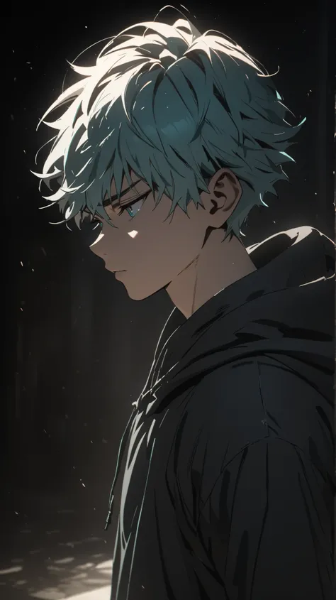 Young muscular boy, 1 boy, , short boy, muscular body, light turquoise hair, short hair, turquoise eyes, wearing a dark grey sleeveless hoodie, cinematic lighting, dramatic shadows, 8k, highly detailed, anime style, professional studio lighting, sharp focu...