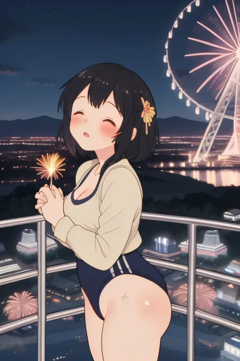 masterpiece, best quality,girl,ultra detail,blush,closed eyes,kissing,close up,cleavage,shy,night,town,ferris wheel,overlooking the scenery,glass housing in low sky,amusement park, standing facing viewer,fireworks,spoken heart,join hands,black gymnastics b...