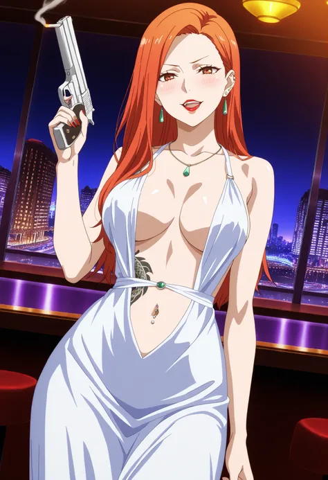 mature female suprise expression, red hair, orange red hair, long hair, straight hair, parted bangs, milf, forehead, middle parted hair, high detailed, best quality, ,red lipstick ,medium large breasts,, milf, necklace ,,, ear piercing, long hair, blush, l...