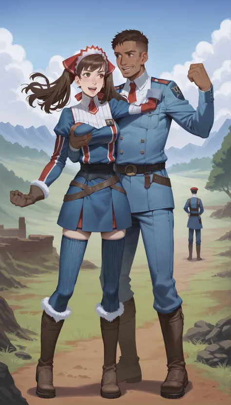 score_9,score_8_up,score_7_up,
realistic,highly detailed,
aliciamelchiott,1girl,1boy, interracial couple,
brown hair,twintails,bouncing hair,brown eyes,eyes looking to the side,smile,open mouth,headdress,military uniform,white collar,red necktie,brown glov...
