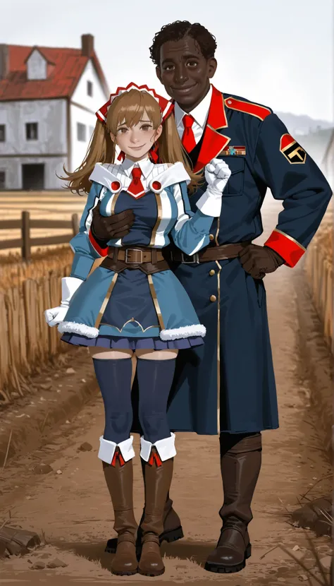 score_9,score_8_up,score_7_up,
realistic,highly detailed,
aliciamelchiott,1girl,1boy, interracial couple,
brown hair,twintails,bouncing hair,brown eyes,eyes looking at viewer, shy nervous guilty smile of cheater,headdress,military uniform,white collar,red ...
