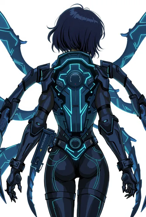 a slim female character with short hair, seen from behind, wearing a dark medical uniform and tightly strapped leather harness, carrying a high-tech medical device,professional,photorealistic,highly detailed,cinematic lighting,intricate details,moody atmos...