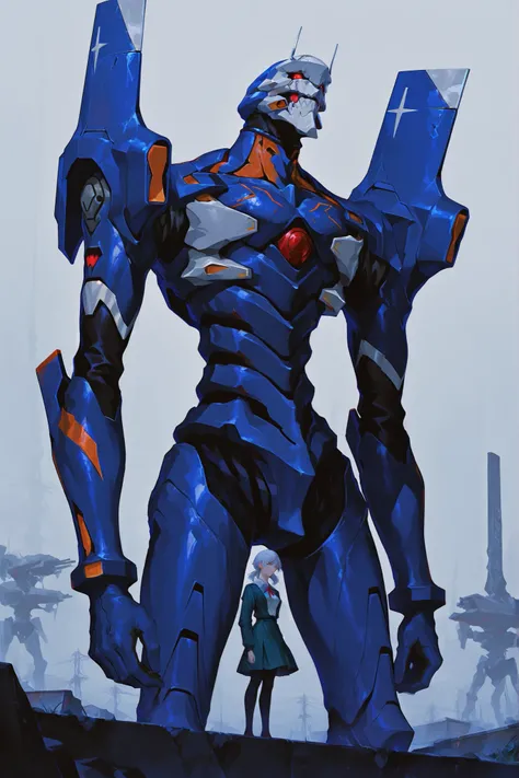 A giant blue robot wit lots of weapons and looks like a skinny humanoid monster human. Looks similar to unit 01 from evangelion
