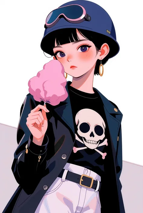 (( profile side )) Pale skin girl in a black leather jacket, t-shirt with strips and skull printed, short black, long and stylish legs , He's wearing a 1920s-style helmet, he's holding cotton candy.