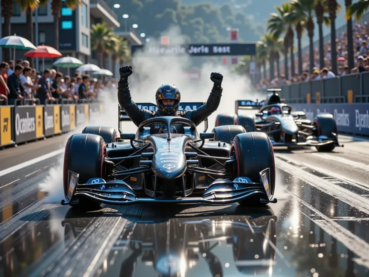 Just after crossing the finish line, the F1 car that will finish in first place runs through the center of the screen. The car runs at high speed, scattering sparks, and scorching heat and smoke rise from the tires. The car is covered with dirt and tire re...