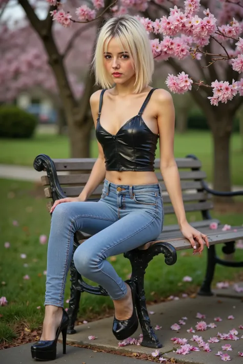 Spring glamour: Attractive blonde in figure-hugging jeans and high heels poses seductively on a park bench, How cherry blossom petals dance around her, her tight-fitting top caresses her body in a gentle breeze Marie Kruchkova Victoria's Secret Model , ein...