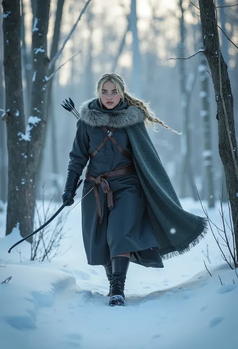 Feyre Archeron with braid, wrapped in a heavy cloak to protect herself from the cold, enters the frozen forest with her bow and arrow. The surrounding landscape is covered by a thick layer of Snow that shines in the pale light of dawn.. The air is cold and...