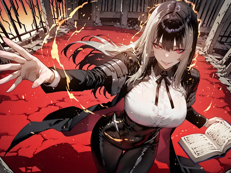 Ball of Light、雷magic、taken from above、caveの中、Ruins、black suit、black longsuit、 black long jacket、ゴスロリなshirt、Depressed、Tall Woman、A woman in her thirties、 Alassah's woman、Steins;Gate、 black longsuit 、score_9, score_8_up, score_7_up, Source_anime,masterpiece、...