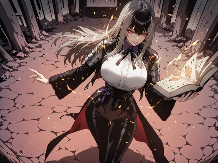 Ball of Light、雷magic、taken from above、caveの中、Ruins、black suit、black longsuit、 black long jacket、ゴスロリなshirt、Depressed、Tall Woman、A woman in her thirties、 Alassah's woman、Steins;Gate、 black longsuit 、score_9, score_8_up, score_7_up, Source_anime,masterpiece、...