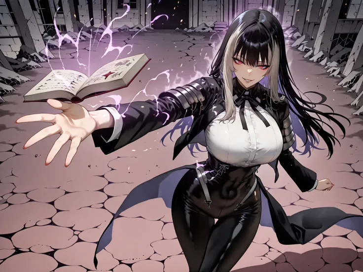 Ball of Light、雷magic、taken from above、caveの中、Ruins、black suit、black longsuit、 black long jacket、ゴスロリなshirt、Depressed、Tall Woman、A woman in her thirties、 Alassah's woman、Steins;Gate、 black longsuit 、score_9, score_8_up, score_7_up, Source_anime,masterpiece、...