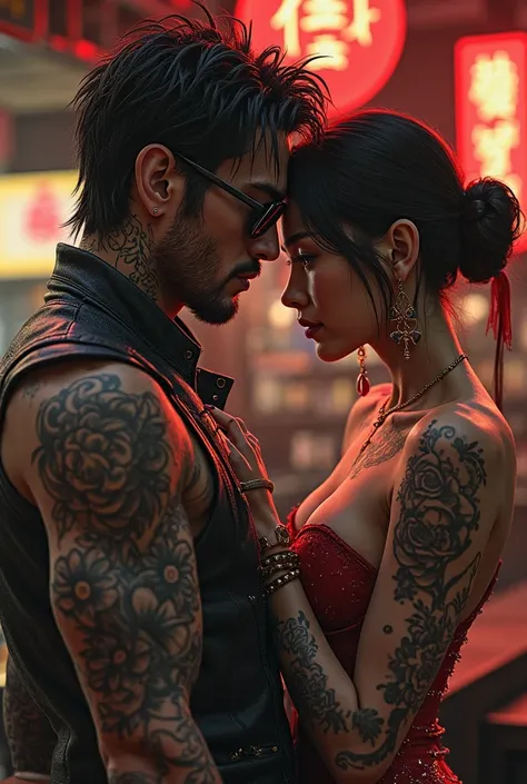Casal realista, um rockeiro tatuado, 28 anos, Dark glasses and a skinny Japanese woman