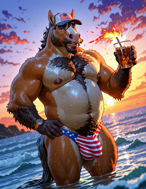 by Anhes, by Taran Fiddler, draft horse, equine, male, anthro, mature male, elderly male, bushy eyebrows, face wrinkles, jowls, body hair, hand on hip, holding iced tea, mustache, hairy arms, scruffy gray facial hair, big nipples, overweight, fat, chubby, ...