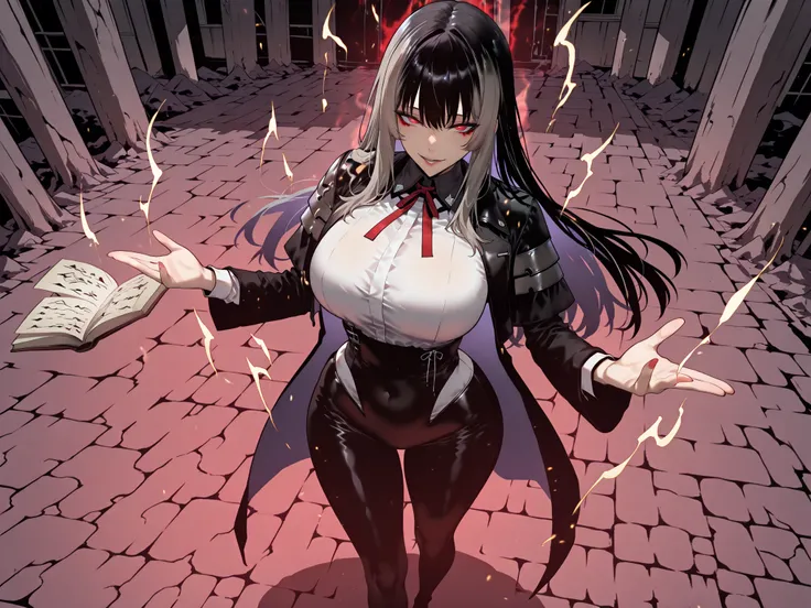 Ball of Light、雷magic、taken from above、caveの中、Ruins、black suit、black longsuit、 black long jacket、ゴスロリなshirt、Depressed、Tall Woman、A woman in her thirties、 Alassah's woman、Steins;Gate、 black longsuit 、score_9, score_8_up, score_7_up, Source_anime,masterpiece、...