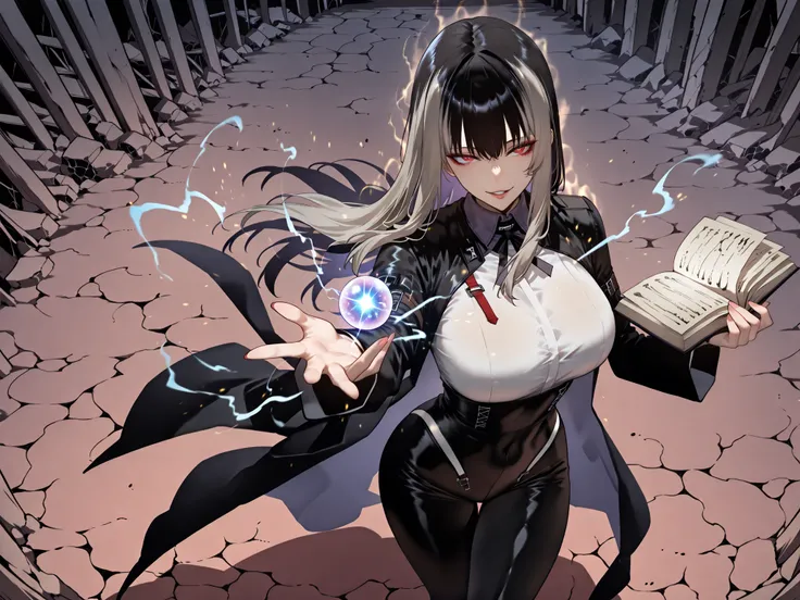 Ball of Light、雷magic、taken from above、caveの中、Ruins、black suit、black longsuit、 black long jacket、ゴスロリなshirt、Depressed、Tall Woman、A woman in her thirties、 Alassah's woman、Steins;Gate、 black longsuit 、score_9, score_8_up, score_7_up, Source_anime,masterpiece、...