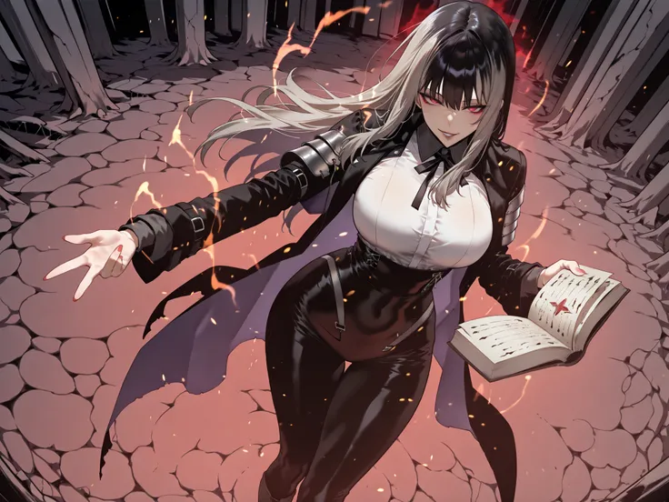 Ball of Light、雷magic、taken from above、caveの中、Ruins、black suit、black longsuit、 black long jacket、ゴスロリなshirt、Depressed、Tall Woman、A woman in her thirties、 Alassah's woman、Steins;Gate、 black longsuit 、score_9, score_8_up, score_7_up, Source_anime,masterpiece、...