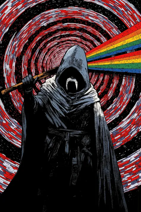 An eerie and surreal image depicting a figure cloaked in a dark mantle, whose textured robe evokes the garb of a hermit. The figure has an elongated, distinctive chin beard and holds a staff raised to the sky, exuding a mystical and unsettling atmosphere. ...