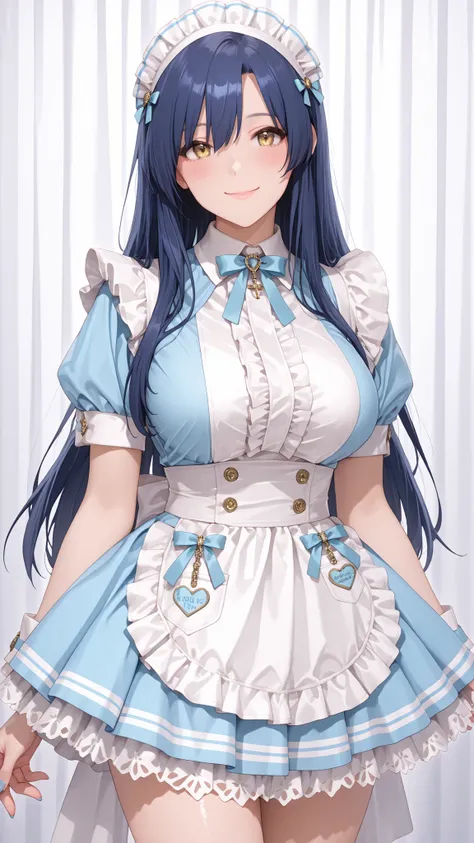 1girl , solo ,  like a thousand years old（The Idolmaster）、beautiful blue hair 、Attractive Blue Hair、Blue Hair Sarah Long Hair、Tall Neat Woman、Golden Eyes、golden eyes、美しいgolden eyes 、Very Very Very Very Large Breasts（big big boobs：99. 9）Pink and White Maid ...
