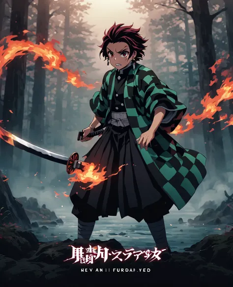 a young Japanese swordsman inspired by Demon Slayer, short spiky dark red hair with black tips, intense dark red eyes, wearing a green and black checkered haori and black uniform, hanafuda earrings, holding a katana with a black blade, sword engulfed in sw...