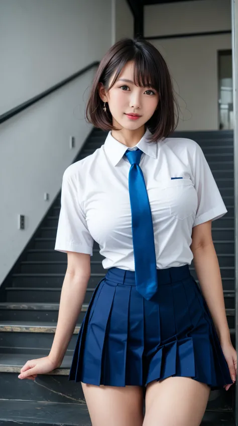 ((masterpiece,  best quality,  最high resolutionのKiによる撮影,  high resolution ,  photorealistic,  RAW photo)),   beautiful Japanese woman from under her feet、japanese model、perfect beautiful face、Age 20、REALISTIC SKIN TEXTURE ,  Big Breasts、 (((white shirt、nav...