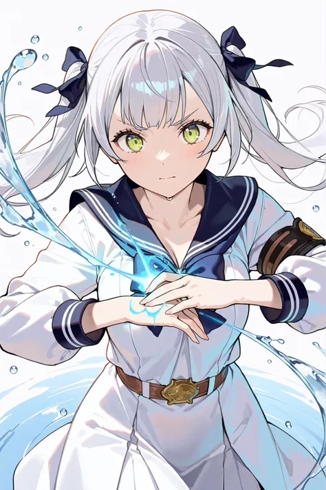 (masterpiece:1.3), (best quality:1.25), (digital anime art, clean line art:1.1), elegant flowing silver hair, Japanese high school girl inspired by Noelle Silva from Black Clover, neat navy sailor uniform, water-themed blue ribbon, standing, casting water ...