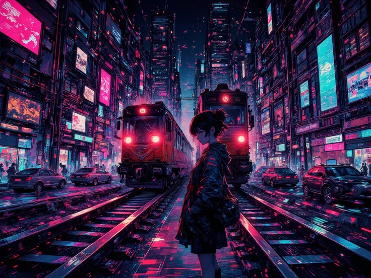 1girl from front,street lights, neon-color black light, tilt dutch angle,,fisheye-lens, (glitchy noise), waving hand bye-bye,(multicolor glitch,glitch,neon), overly detailed pupils,glowing,chromatic aberration,railroad crossing,distorted,train comming from...