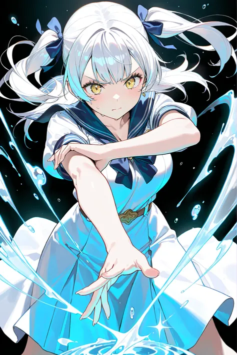 (masterpiece:1.3), (best quality:1.25), (digital anime art, clean line art:1.1), elegant flowing silver hair, Japanese high school girl inspired by Noelle Silva from Black Clover, neat navy sailor uniform, water-themed blue ribbon, standing, casting water ...